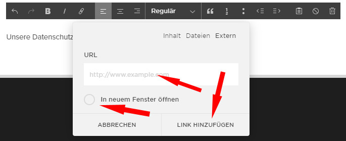 Squarespace - Link einem Texthinzufügen und Speichern