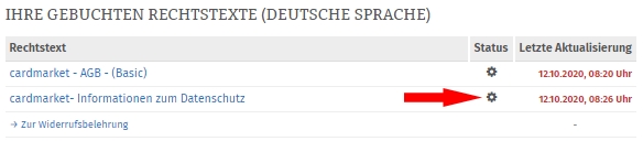 Statusansicht cardmarket Rechtstexte mit Konfigurationsbedarf