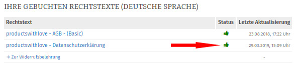 Statusanzeige bei fertig konfigurierten Rechtstexten