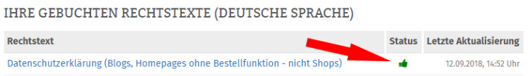 Statusanzeige bei fertig konfigurierter Datenschutzerklärung
