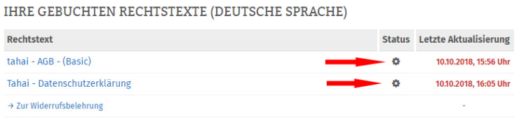 Statusanzeige bei noch zu konfigurierenden Tahai-Rechtstexten