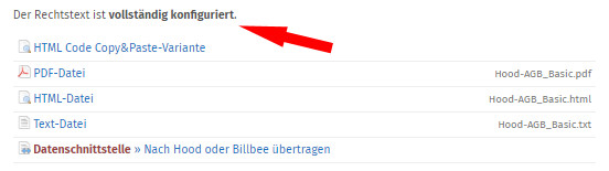 Statusanzeige bei vollständig konfiguriertem Hood-Rechtstext