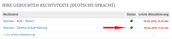 Statusanzeige bei vollst&auml;ndig konfiguriertem Rechtstext