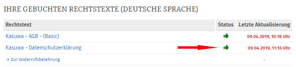 Statusanzeige bei vollständig konfiguriertem Rechtstext