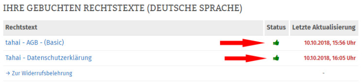 Statusanzeige bei vollständig konfigurierten Rechtstexten