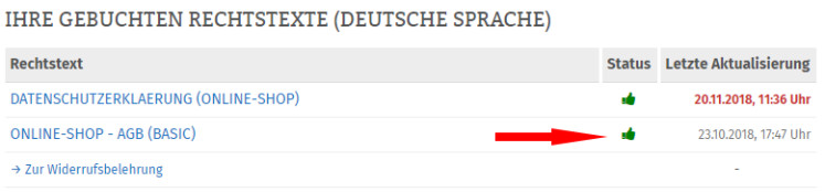 Statusanzeige bei vollständig konfigurierten Rechtstexten für Azoo