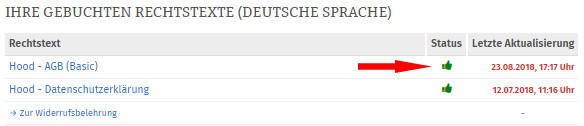 Statusanzeige der Hood-Rechtstexte