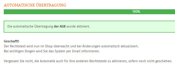 Statusanzeige nach dem erfolgreichen Einrichten der Aktualisierungsautomatik für Plentymarkets