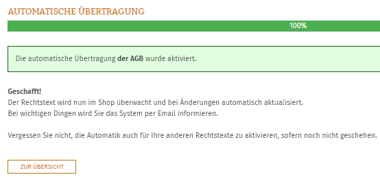 Statusanzeige nach erfolgreicher Einrichtung der AGB-Schnittstelle im Shopware 6 Shop