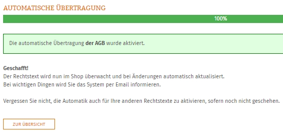 Statusanzeige nach erfolgreicher Einrichtung der AGB-Schnittstelle zum Powergap Shop
