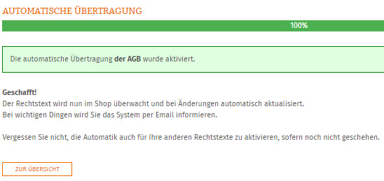 Statusanzeige nach erfolgreicher Einrichtung der Aktualisierungs-Automatik für Afterbuy