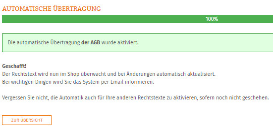 Statusanzeige nach erfolgreicher Einrichtung der Aktualisierungs-Automatik für Shopware-AGB
