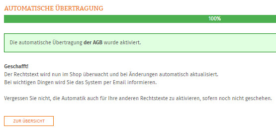 Statusanzeige nach erfolgreicher Einrichtung der Aktualisierungs-Automatik im Gambio-Shop