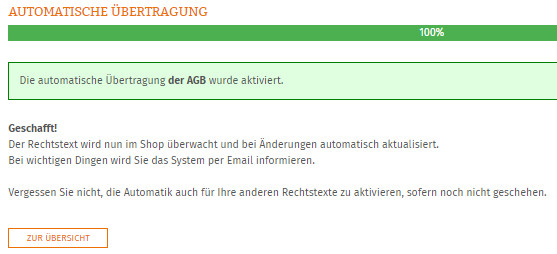 Statusanzeige nach erfolgreicher Einrichtung der Automatik für die AGB