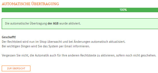 Statusanzeige nach erfolgreicher Einrichtung der Automatik für die AGB