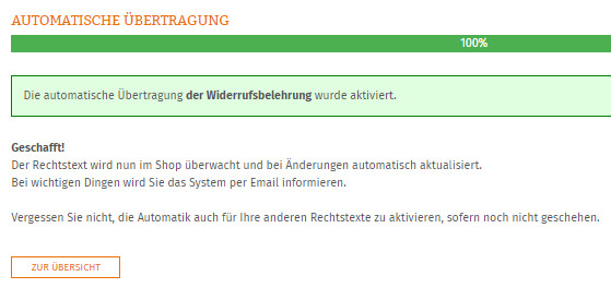 Statusanzeige nach erfolgreicher Einrichtung im Prestashop