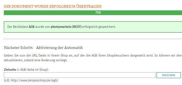 Statusanzeige nach erfolgreicher Übertragung der AGB