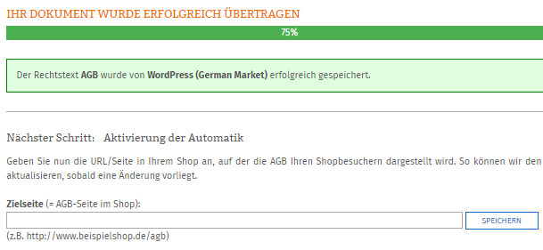 Statusanzeige nach erfolgreicher Übertragung der AGB zu German Market