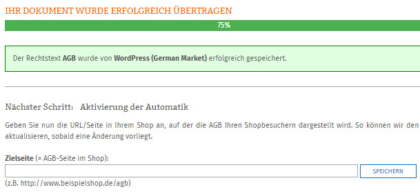 Statusanzeige nach erfolgreicher Übertragung der AGB zu German Market