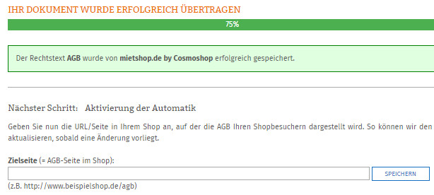 Statusanzeige nach erfolgreicher Übertragung der AGB zu mietshop.de