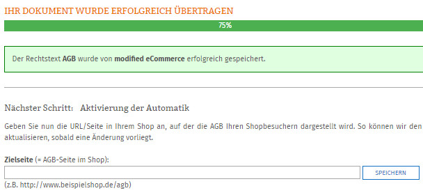 Statusanzeige nach erfolgreicher Übertragung der AGB zu modified eCommerce