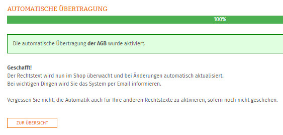 Statusanzeige nach erfolgreicher Übertragung zu PWL