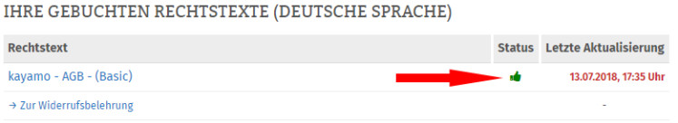 Statusmeldung bei vollständig konfigurierten Rechtstexten