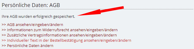 Statusmeldung nach erfolgreicher Speicherung der AGB bei Booklooker