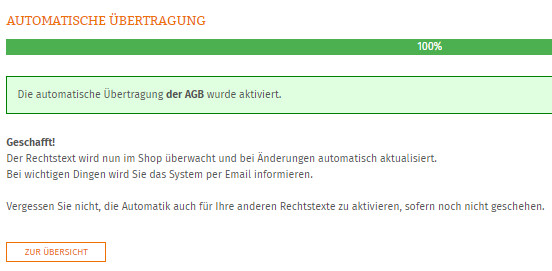 Statusmeldung nach erfolgreicher Übertragung eines Rechtstextes zu Billbee