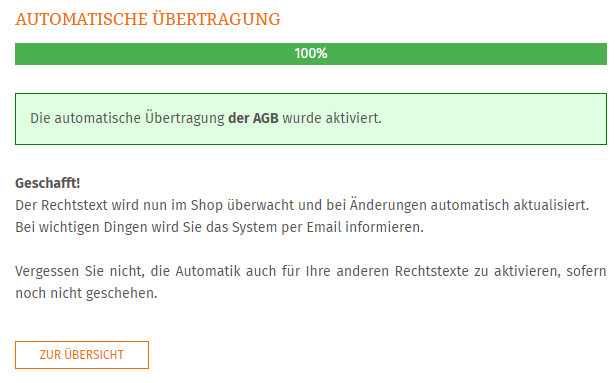 Statusmeldung nach erfolgreicher Übertragung und Einrichtung der Schnittstelle