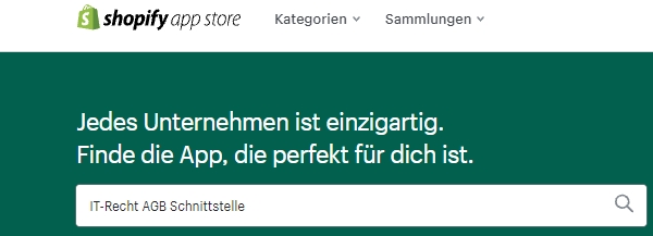 Suche nach der AGB-Schnittstelle der IT-Recht Kanzlei im Shopify App Store