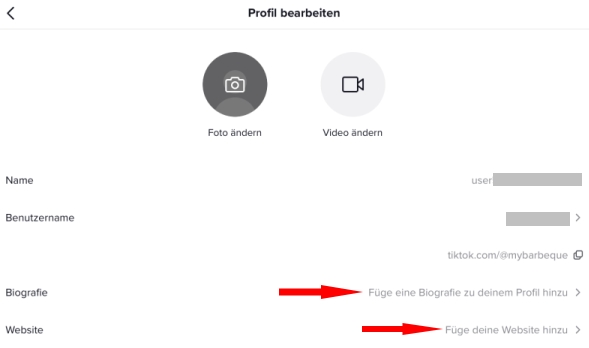 TikTok - Auswahl Biografie und Website