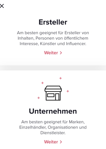 TikTok Auswahl Unternehmen oder Ersteller für das Pro Konto