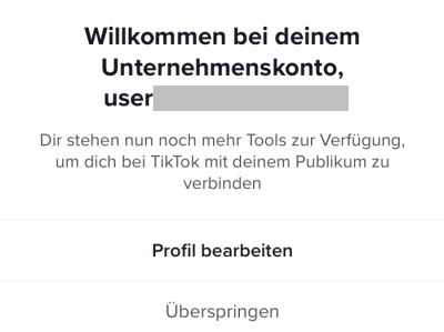 TikTok - Statusansicht nach Anlage des Unternehmenskontos