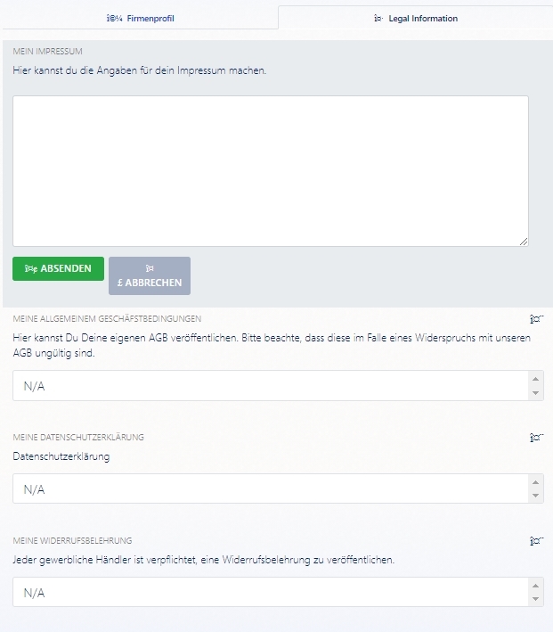 Übersicht der Eingabebereiche für die Rechtstexe im cardmarket Firmenprofil