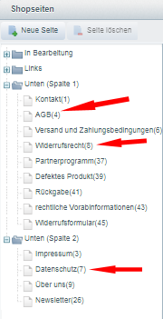 &Uuml;bersicht der bei shopware vordefinierten Shopseiten mit Seiten-ID