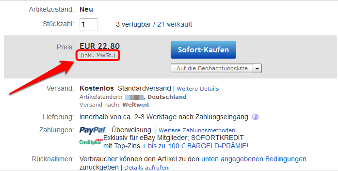 Umsatzsteuerhinweis auf eBay