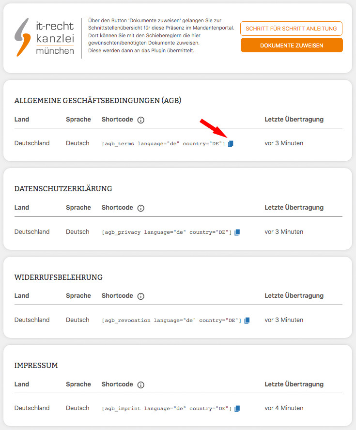 Verfügbare Shortcodes nach Zuweisung der Dokumente in der Schnittstellenverwaltung