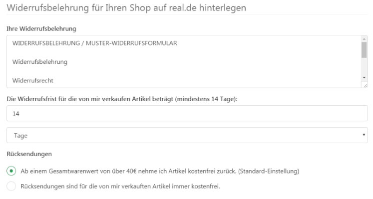 Widerrufsbelehrung für real Shop hinterlegen