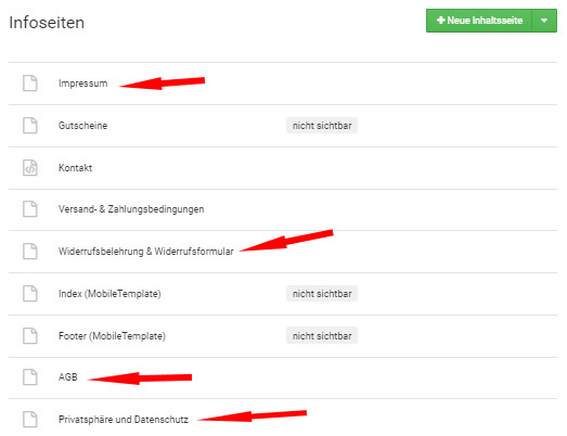 ab Werk verfügbare Rechtstexteseiten bei den Infoseiten im Gambio Content-Manager