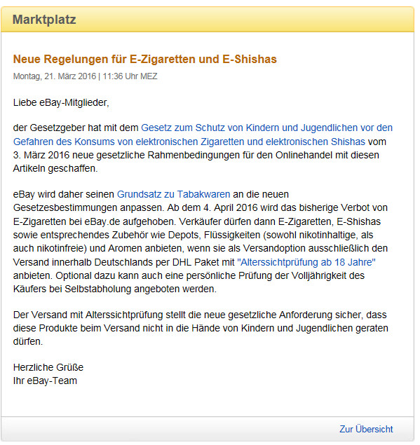 eBay Pressemitteilung wegen Verkauf von E-Zigaretten