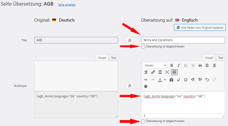 englische Seite f&uuml;r AGB &Uuml;bersetzung in WPML anlegen