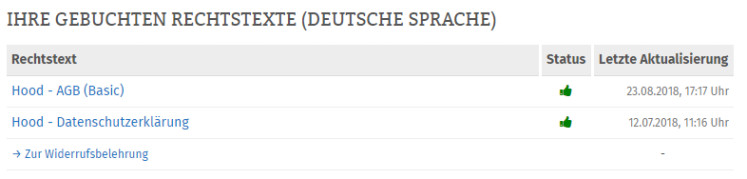 fertig konfigurierte Hood-Rechtstexte