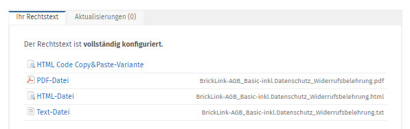 fertig konfigurierte Rechtstexte für Bricklink