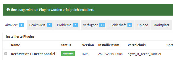 installiertes AGB-Modul der IT-Recht Kanzlei im JTL Shop