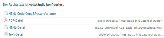 verfügbare Formate der Idealo-Rechtstexte