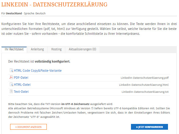 verfügbare Formate der LinkedIn Datenschutzerklärung