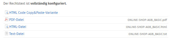 verfügbare Formate der Rechtstexte Onlineshop